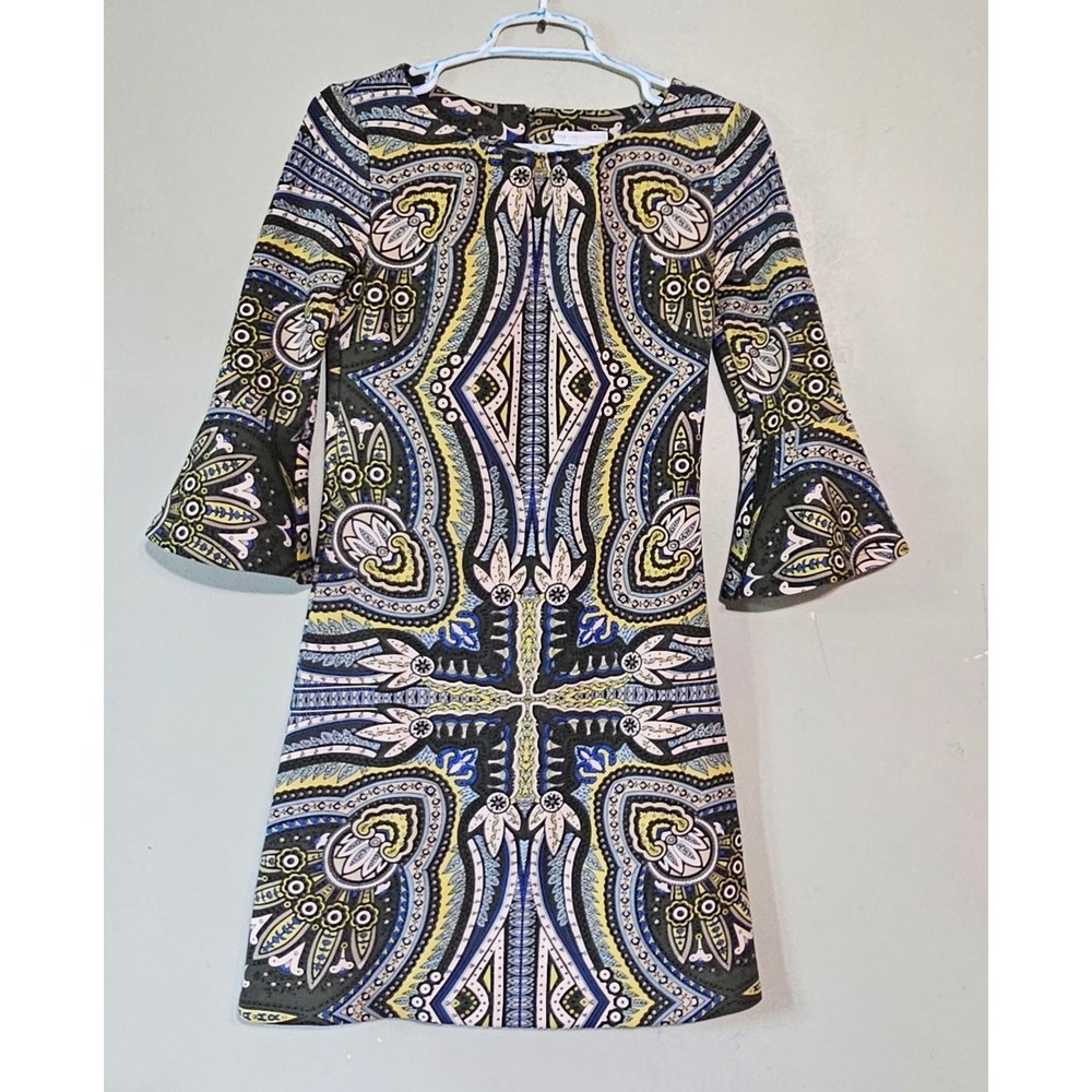 New York & Company XS Paisley Bell‎ Sleeve Shift Dress Olive Yellow